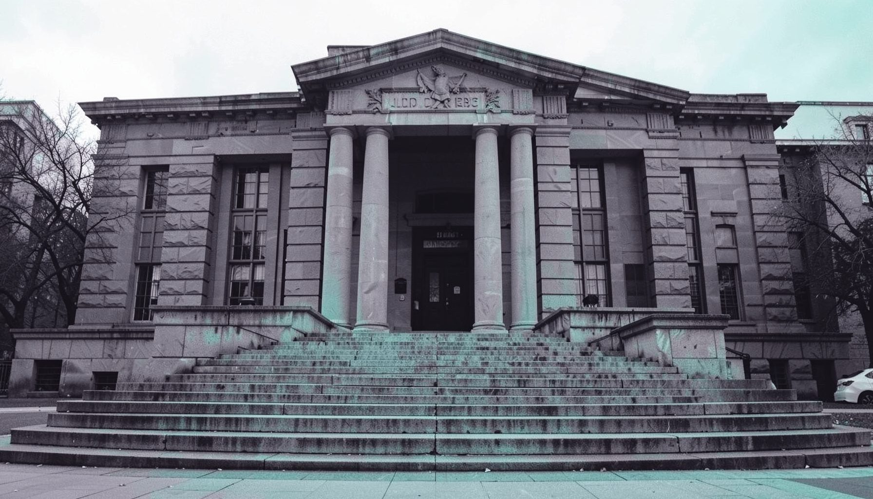 Duotone slate-purple and teal photograph of a government-style stone building facade with broad steps, overcast daylight, formal institutional look