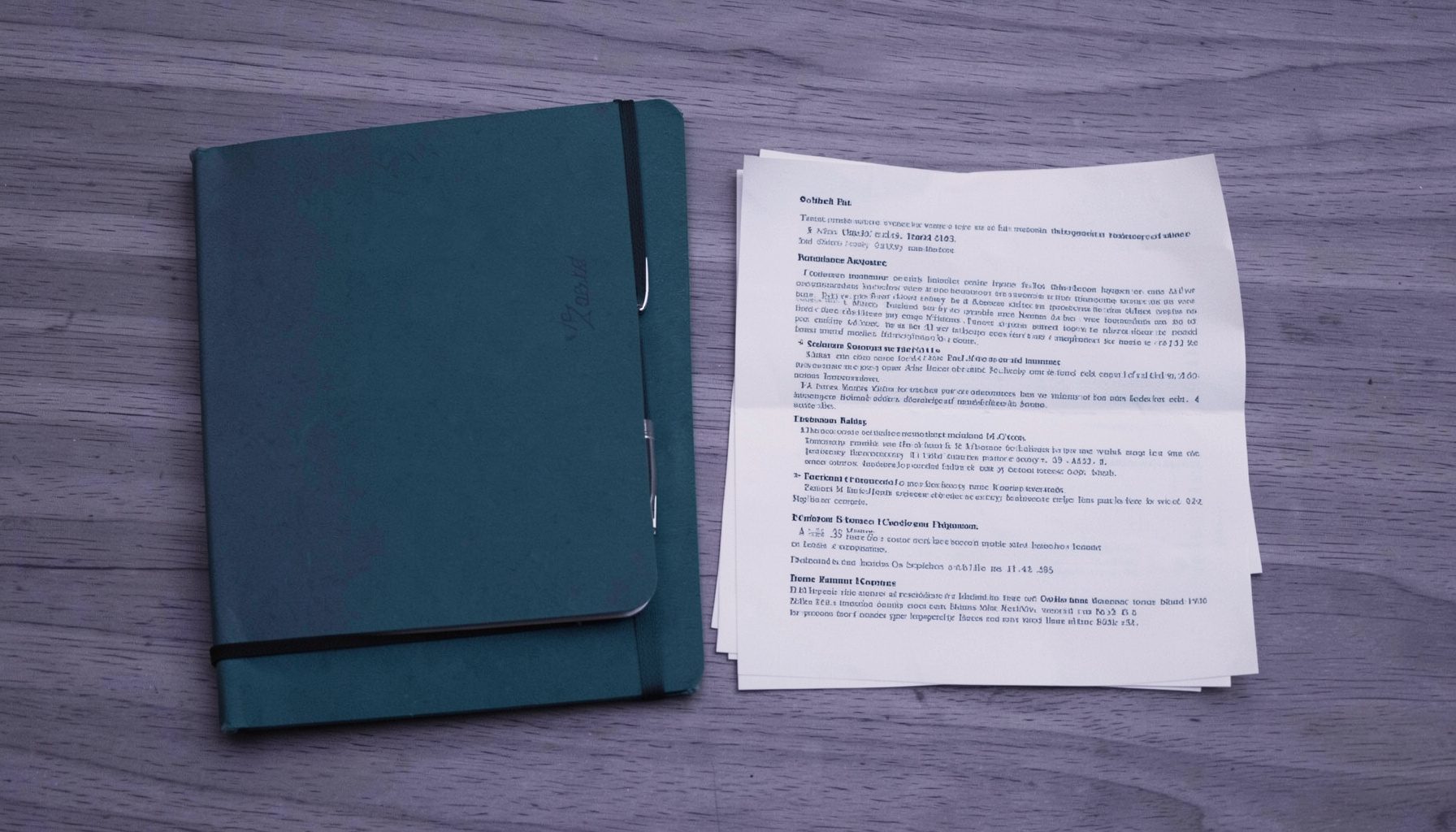 Duotone slate-purple and teal photograph of a notebook, pen, and folded paper documents on a wooden desk, calm editorial workspace